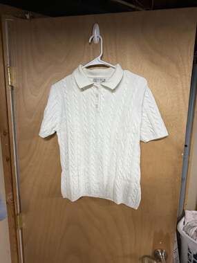 Jillian Jones Polo Sweater Size L White Cable Knit Short Sleeve